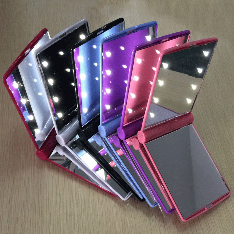 

Hot New Lady LED Makeup Mirror Cosmetic Lamps 8 LEDs Mirror Folding Portable Travel Pocket Mirror Lights Lighted Fast Ship