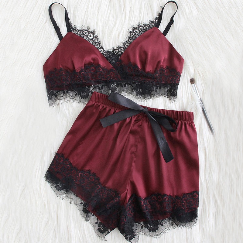 

Womens Sleepwear Sleeveless Strap Nightwear Lace Cami Top Pajama Sets Sexy Lingerie Intimate, Fuchsia