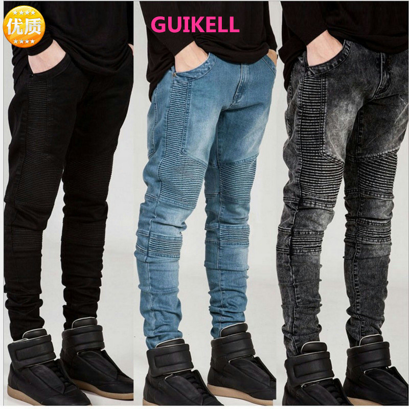 

GUIKELL Men Jeans Biker Jeans Fashion Hiphop Skinny For Men Streetwear Hip Hop Stretch Hombre Slim Pants, Black