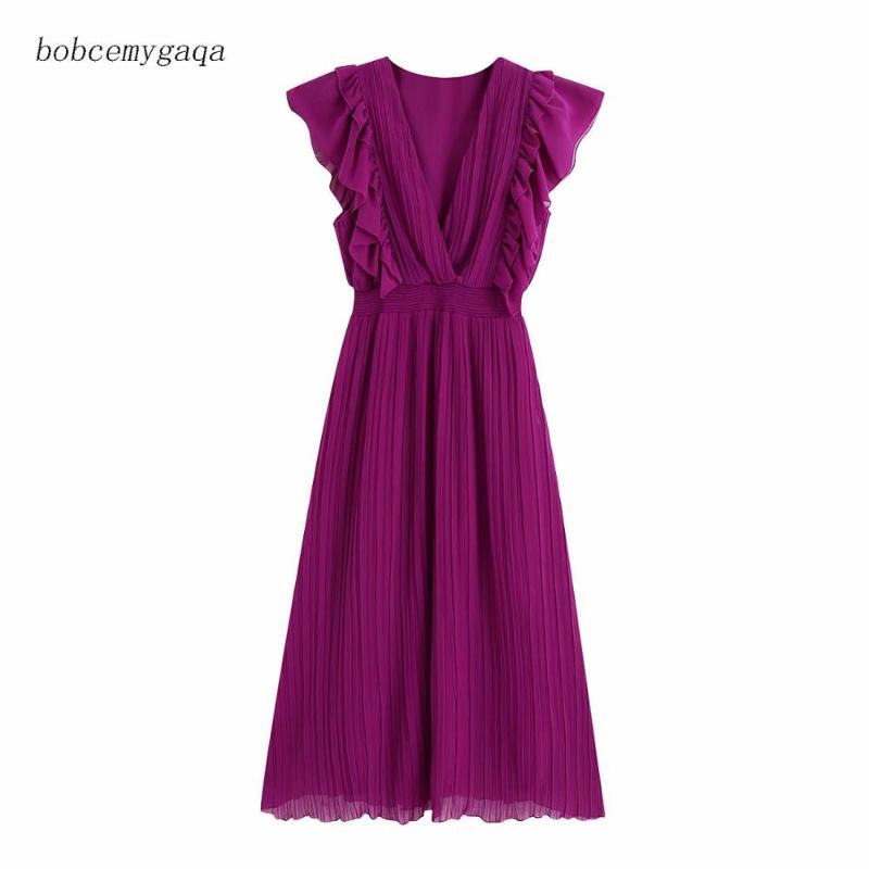 

sexy v neck ruffled pleated long dress women vintage sleeveless pleated dress party sundress vestidos mujer, As pic
