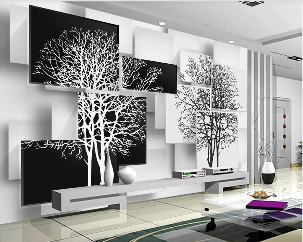 

3d room wallpaper custom photo mural Simple black and white tree 3D TV background wall self-adhesive art canvas pictures, Non-woven fabric