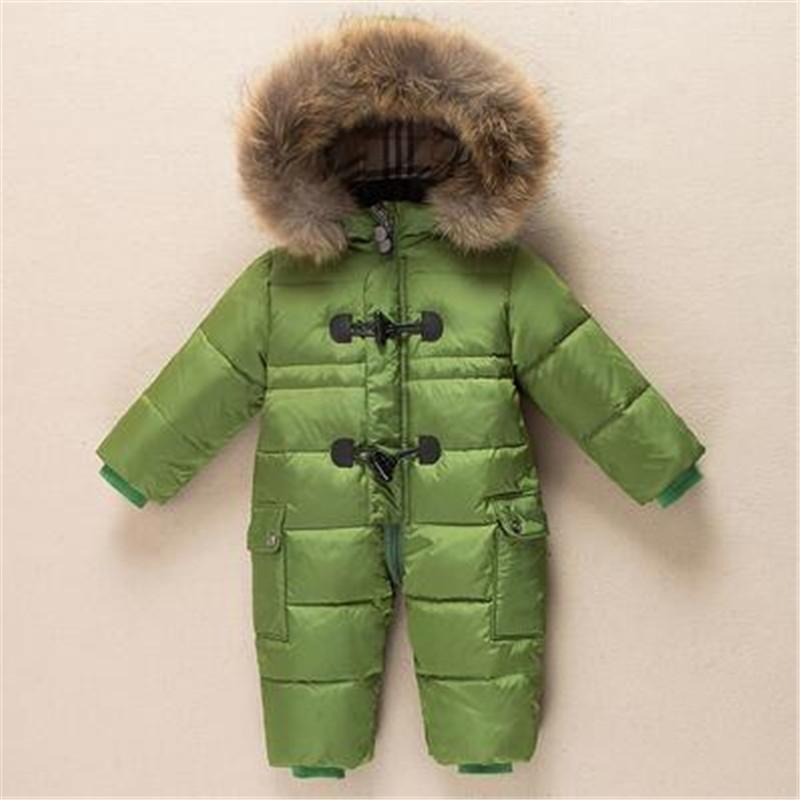 

Winter New born Baby Clothes Conjoined Down Jacket Baby Boys Girls Thickening Jumpsuits with Real Fur Kids Snow Suit 0-3 Years, Blue;gray