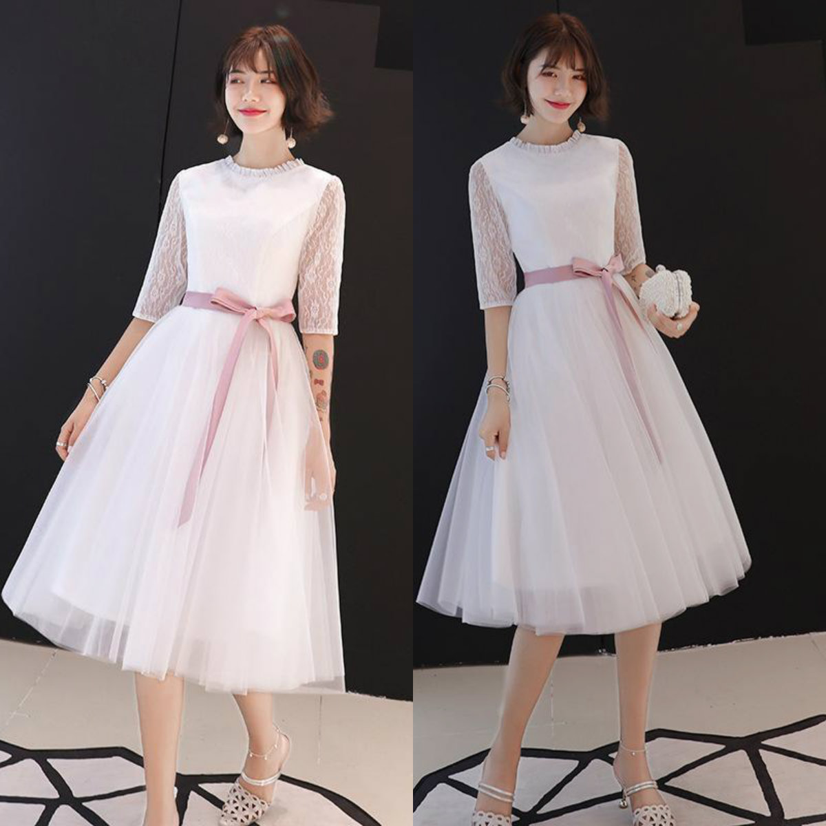 White Elegant A-line Evening Dresses Jewel 3/4 Long Sleeve Bow Lace Appliqued Formal Bridal Gown Knee-length Custom Made Party Gown