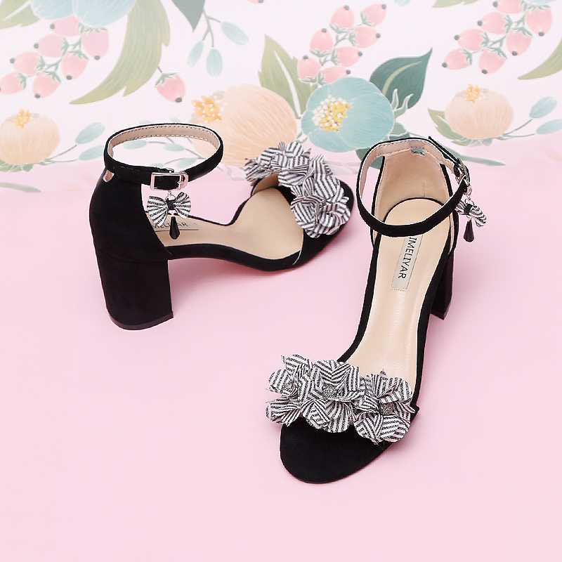 

Fairy Heels Open Toe A- line with Chunky Heel Summer Cool Shoes with Skirt Flower All-match Style in Black Student Size 33, 9cm black thin heel