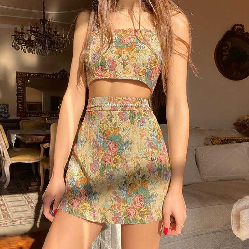 

vintage Flowers two piece set female sleeveless tank tees croptop high waist mini package hip skirt harajuku slim set, Yellow