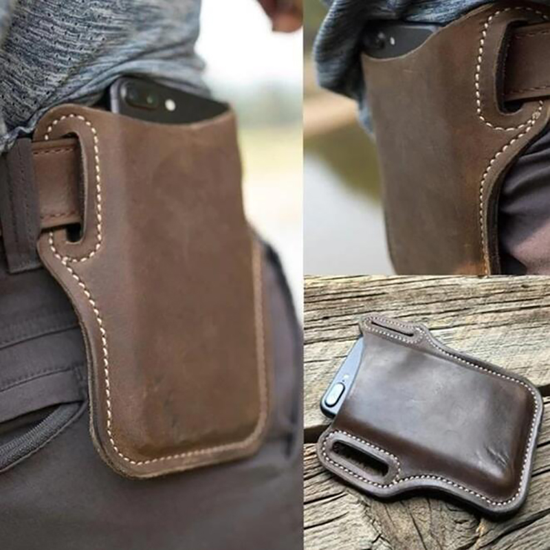 

2020 Fashion High Quality Men Cellphone Loop Holster Wear Belt Multifunctional Waist Bag Props Leather Purse Phone Wallet, Brown