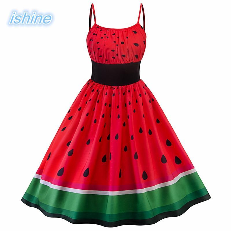 

2018 Summer Dress Vintage Rockabilly Dress Jurken 60s 50s Retro Big Swing Watermelon Print Women Audrey Hepburn Vestidos, Red