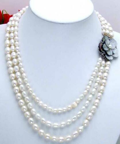 

free shipping 7-9mm Rice Natural White Freshwater Pearl Necklace for Women 3 Strands 17-19"