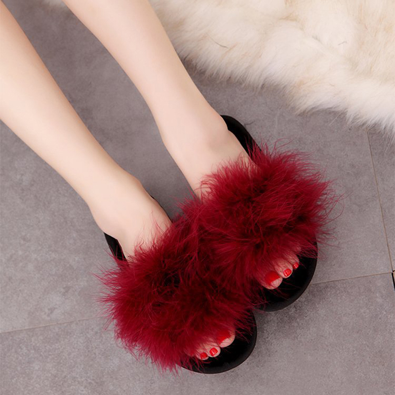 

Women Slippers Warm Winter Fur Fluffy Slip On Casual House Shoes Women Flat Platform Indoor Slippers Ladies Fashion Plush Shoes, Red