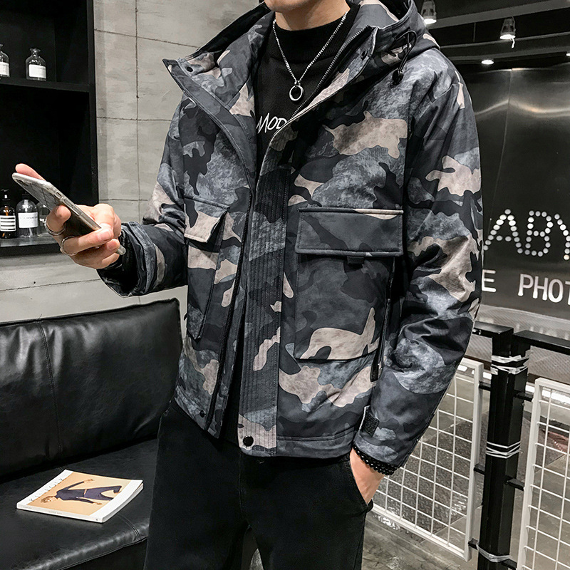 

2019 Autumn & Winter New Arrival Short Hooded Camouflage Down Jacket British Slim Pocket Decorative Cotton Jacket Free Shipping, Blue