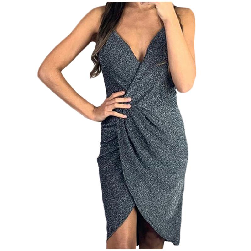 

SAGACE Summer dresses women's beach tunics Sexy Sequined Solid V-neck Sleeveless dress women casual Backless Mini Dress female