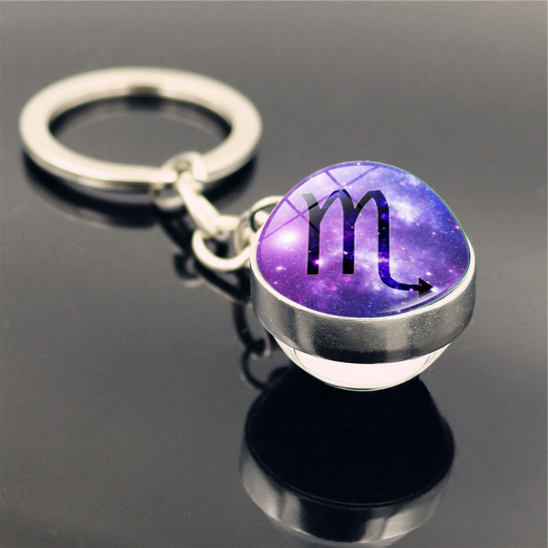 

12 Constellation Symbol Pattern Keyring Time Stone Metal Keychain Double-sided Glass Ball Charm Pendant Keychains Birthday Gifts