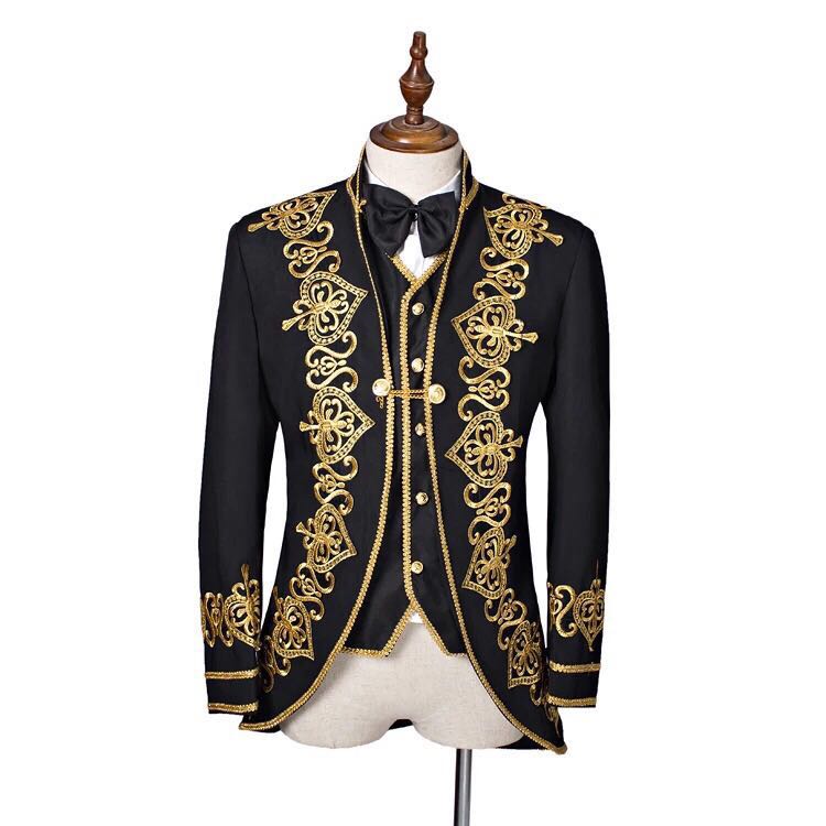 

New Fashion One Button Black Embroidery Groom Tuxedos Stand Collar Men Suits 3 pieces Wedding Prom Blazer (Jacket+Pants+Vest) W500, Same as image