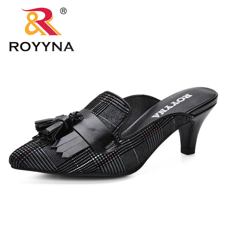 

ROYYNA 2020 Spring Autumn Women Mules Slippers High Heels Ladies Pointed Toe Strange Style Outside Shoes For Girls Fashionable, Dark grey