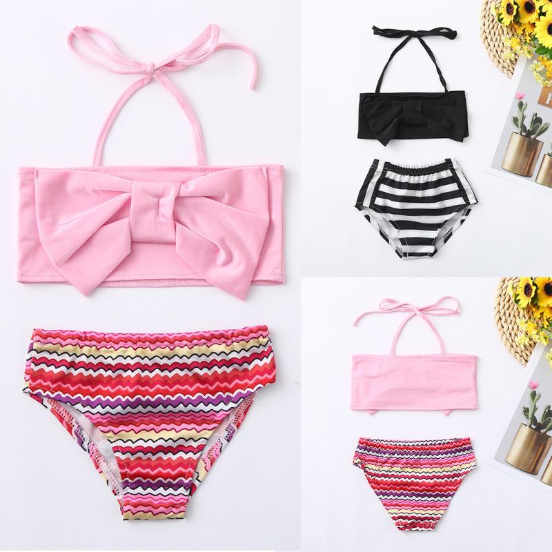 

Summer Baby Girls Bikini Split Swimsuit 2020 New Girls Bow Strip Print Vest Two Piece Swimsuit Kids Beach Outfits A429