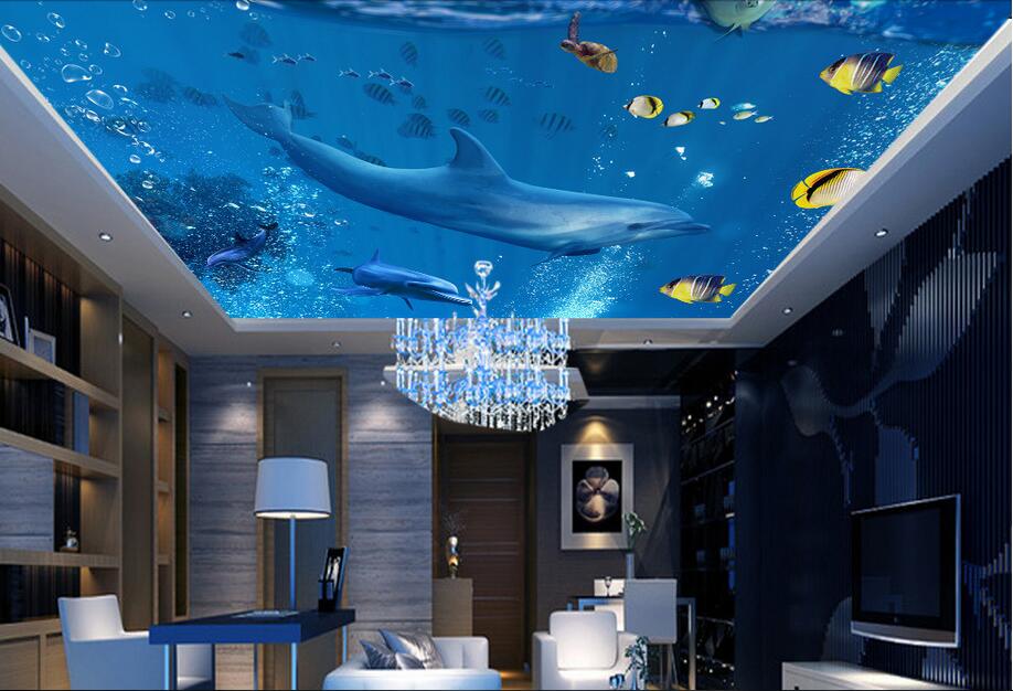

WDBH 3d ceiling murals wallpaper custom photo on the wall Blue ocean dolphin background living room home decor 3d wall murals for walls 3 d, Non-woven
