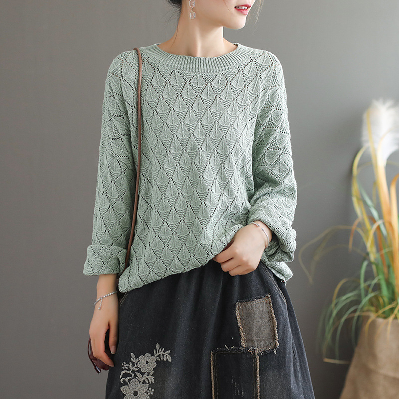 

Casual Sweater Women Hollow Out Solid Color Vintage Knitted O-Neck Collar Full Sleeve Pullovers Loose Lady Sweater Tops Fashion, Beige