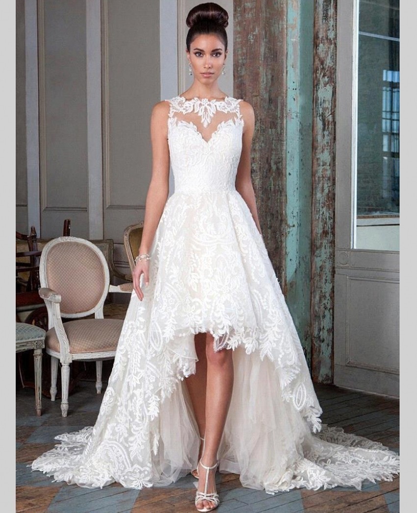 

Elegant High Low Long A Line Wedding Dress Short Front Long Back Bridal Gown With Sweep Train, White
