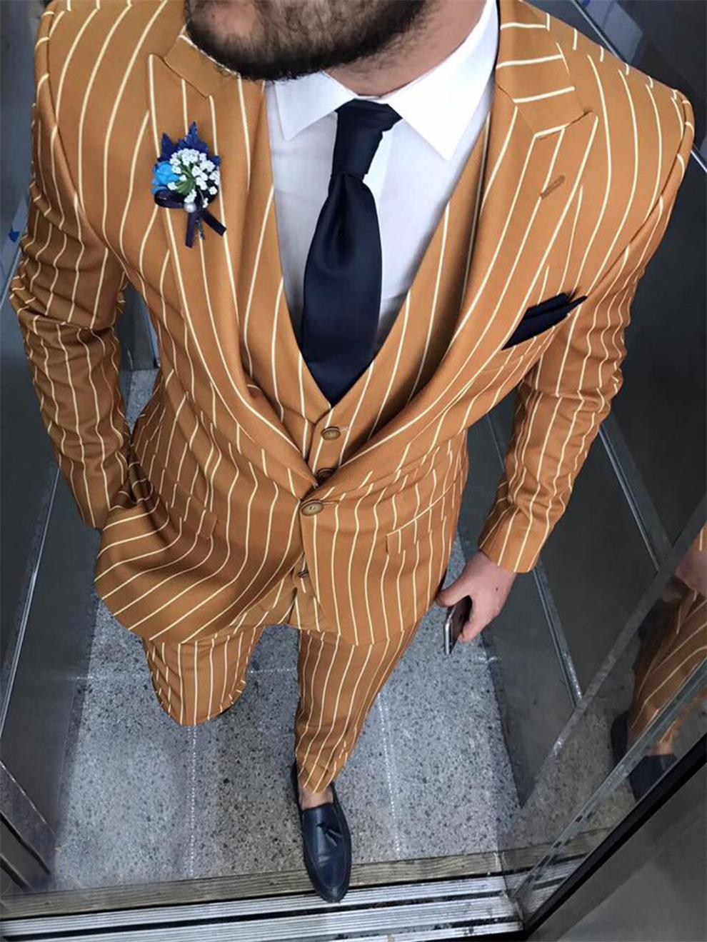 

Groom Tuxedos Groomsmen Peak Lapel Stripe Custom Made Men Suits Wedding/Prom/Dinner Best Man Blazer ( Jacket+Pants+Vest+Tie ) M1412, Same as image