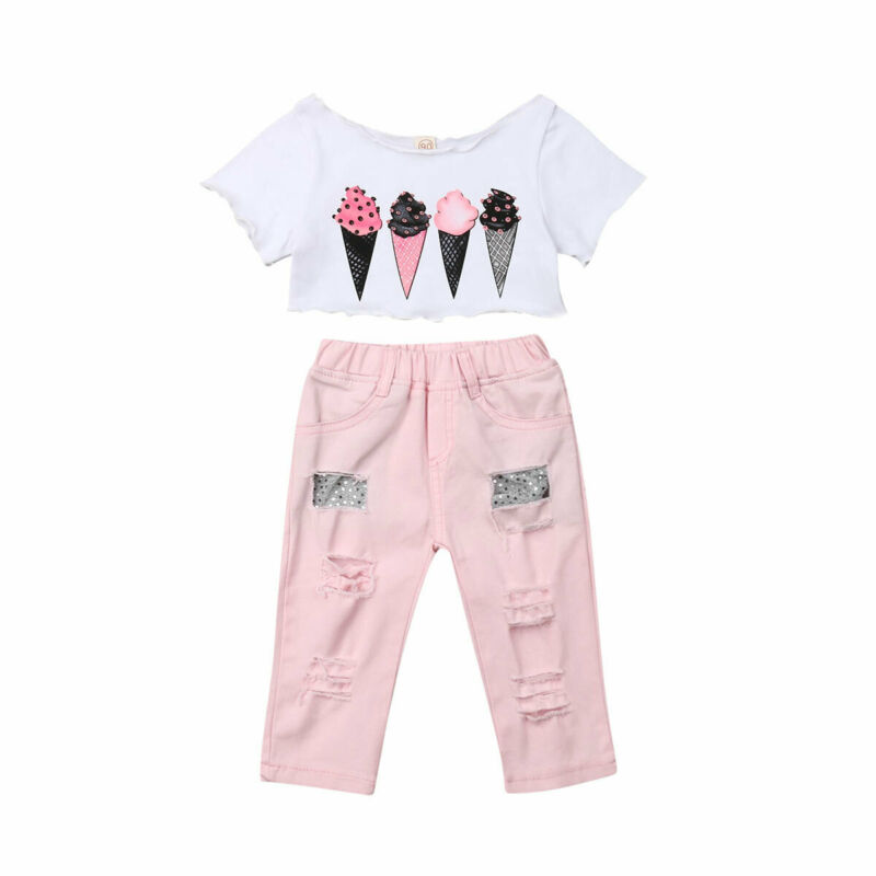 

Toddler Girl Clothes 2pcs Infant Baby Girl Ice Cream Print T-shirt Trousers Sunsuit Clothes Set, As pic