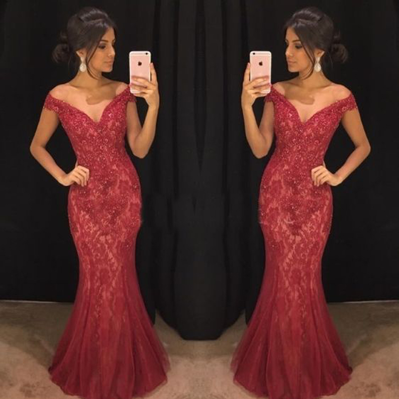 

Arabic Off Shoulder Elegant Mermaid Prom Dresses Sexy Lace Applique Beaded Evening Dresses Custom Made Vestido Party Formal Gowns, Silver