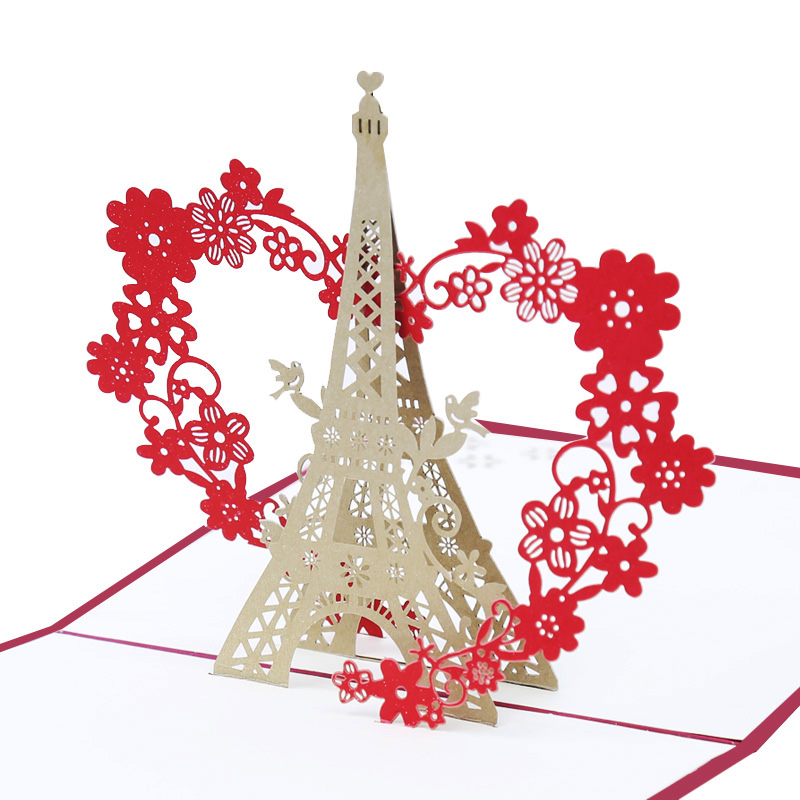 

3D Laser Cut Handmade Flower Heart Eiffel Tower Paper Invitation Greeting Cards PostCard Wedding Valentine's Day Creative Gift