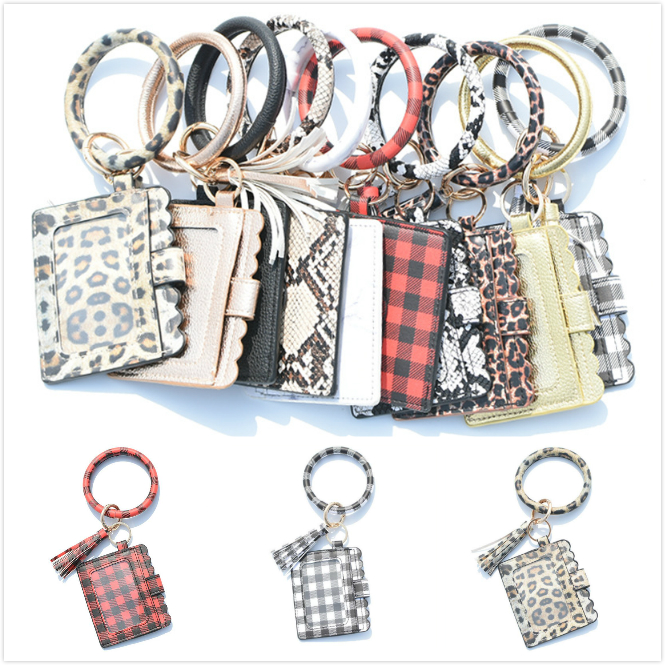 

2020 Fashion Hot Sale Monogram Leopard And Snakeskin Leather Bracelet Keychain Credit Card Wallet Wristlet Tassel Keychain Coin Purse