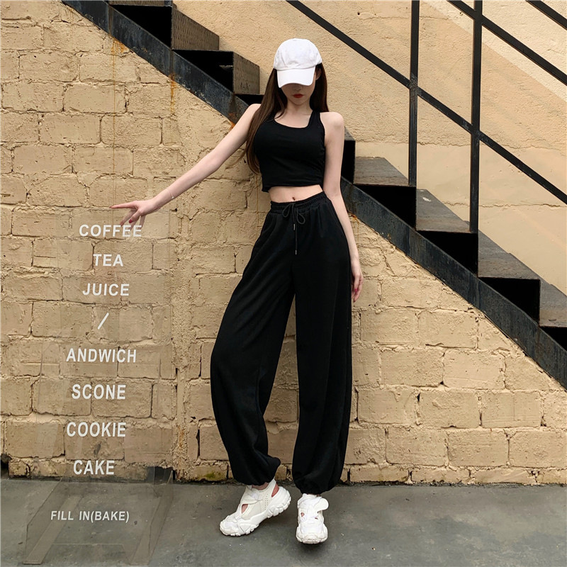

Korean Loose Sports And Leisure Pants Wear Short Vest, Summer New Fashion Suit, Women's Two-piece Suit, Black