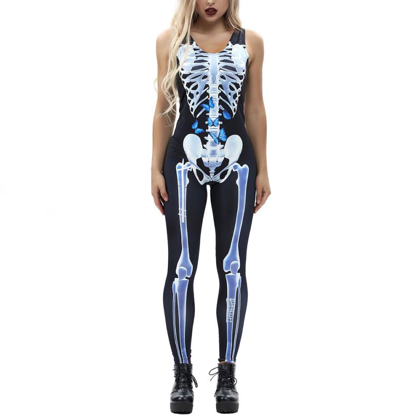 

CHAMSGEND woman bodysuit Women' Sexy Bone Butterfly Print Fashion Sling Slim Halloween Costumes Ankle-Length Jumpsuit C30828, Blue