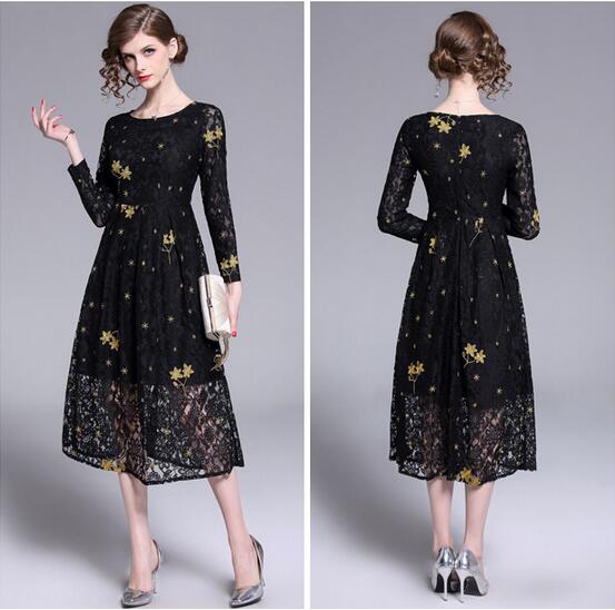 

gold Flora Embroidered lace black women long dress street style dresses Mid-Calf long sleeve