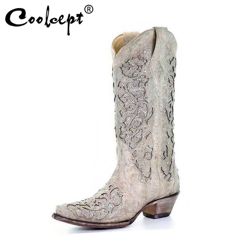 

Coolcept Women Half Short Boots Winter New Fashion Embroidery Crystal Shoes Women Western Knight Boots Size 34-43, White