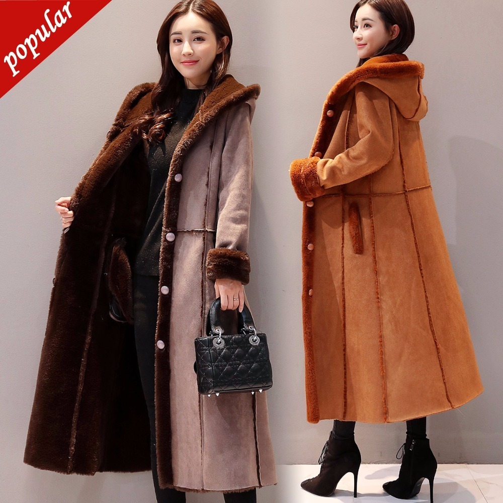 

New Winter Women Faux Lambs Wool Sheepskin Hooded Coat Female X-long Shearling Coats Faux Suede Leather Jackets, Grey