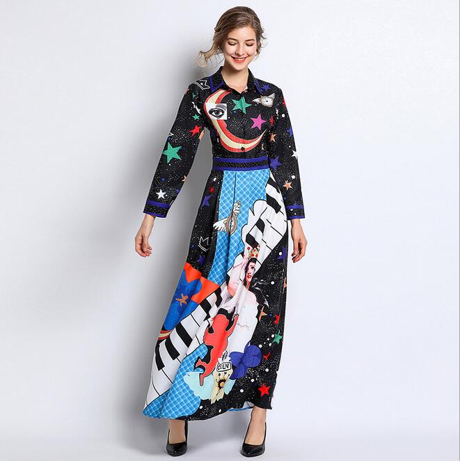 

2019 Lapel neck long sleeve Star printed dresses spring Street Style Dresses high grade Big swing skirt, As the picture