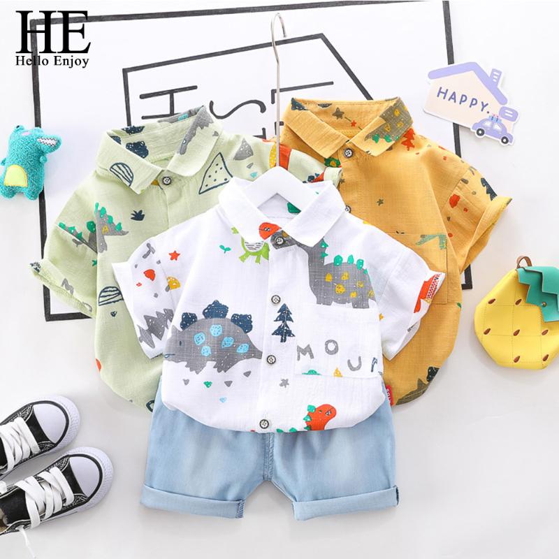 

HE Hello Enjoy Baby Boys Clothes Sets 2020 Summer New Short Sleeve Cartoon Shirt Top + Shorts Casual Sports Suits Kids Clothing, Beige
