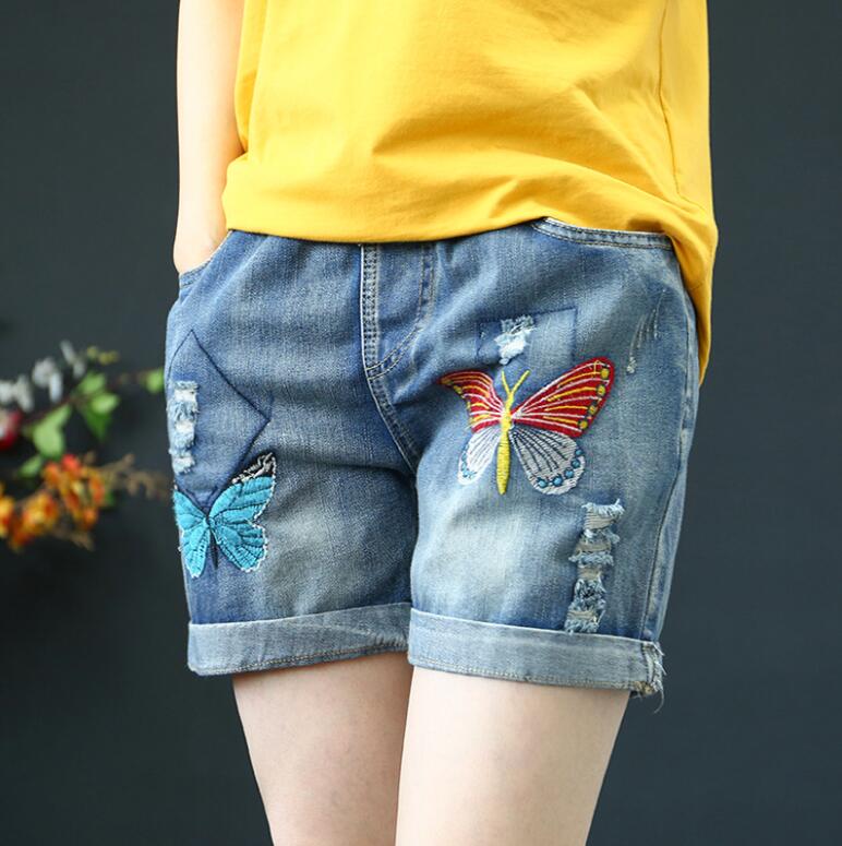 

Vintage Embroidery butterfly Holes Cotton Denim Shorts Women Summer 2020 Casual loose Elastic waist straight Jeans shorts p1040, Blue