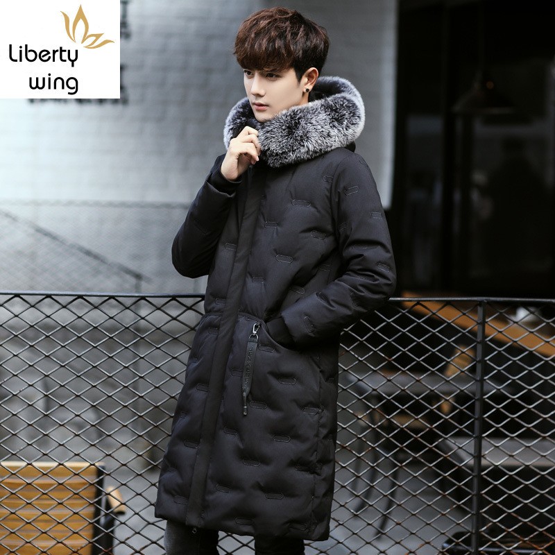 

New Winter Mens Slim Fit Long Coat Padded Warm Down Jacket Male Fur Straight Hoody Outwear Overcoat Casual Thick Parka Plus Size, Black