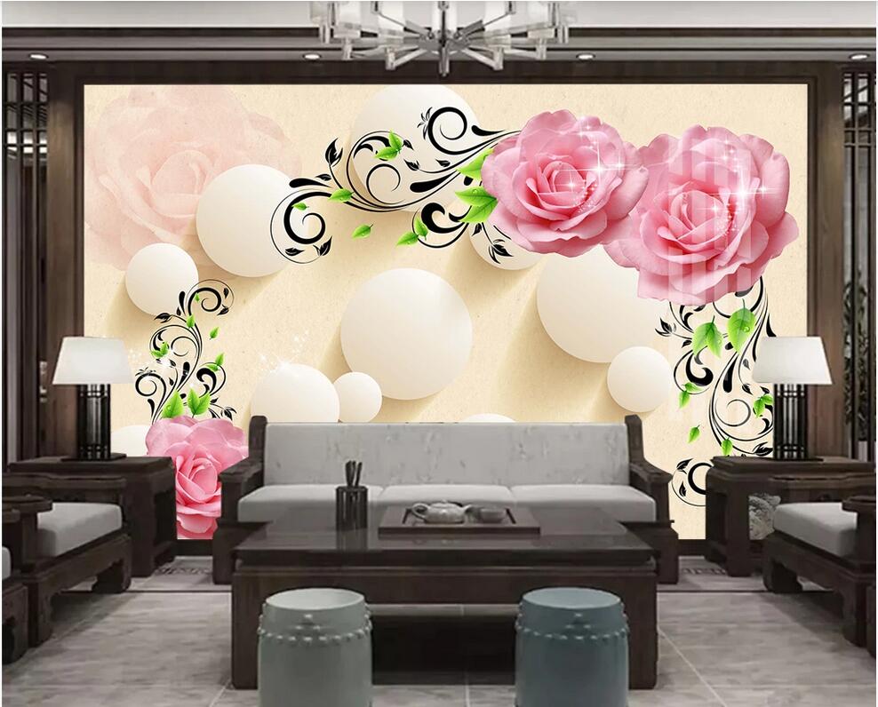 

3d landscapes wall custom murals Rose 3D stereo white ball TV background wall rose balls wall art canvas pictures, Non-woven fabric