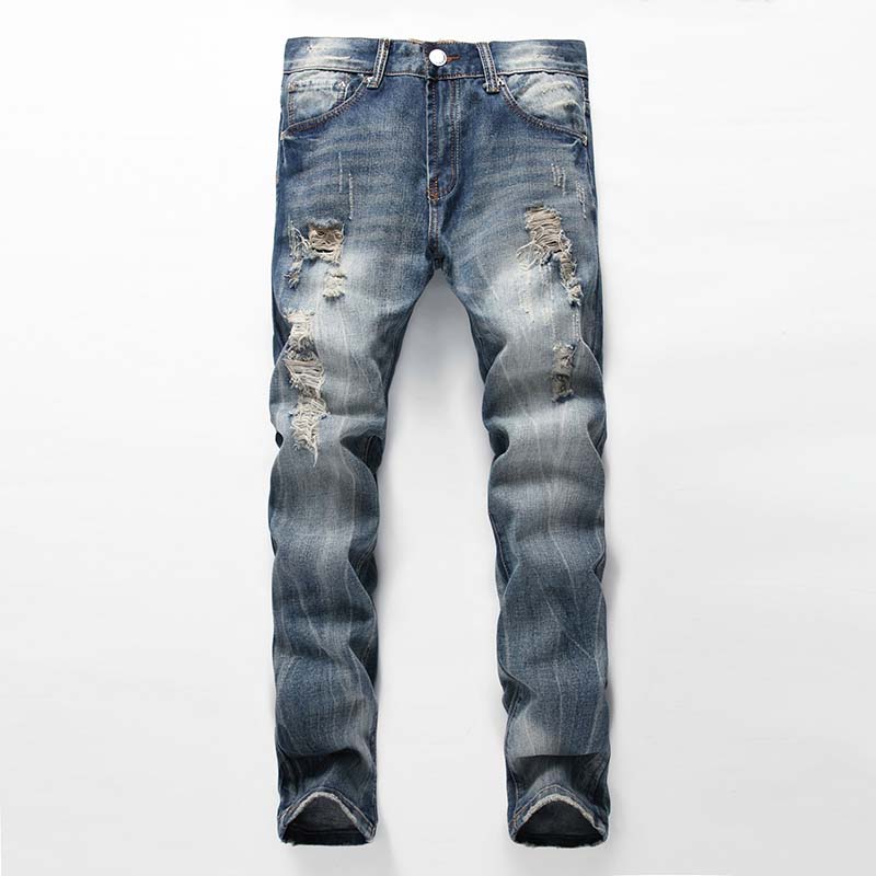 

2019 Men Casual Jeans Denim Pants Straight Knees Holes Vintage Nostalgic Regular Trousers Free Shipping, T-952