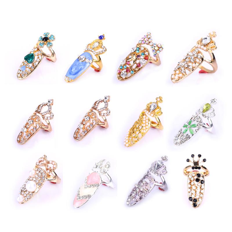 

Fashion Elegant Bowknot Crown Crystal Finger Nail Art Ring Jewelry Fake Nail exquisite Jewelry for Women Girl