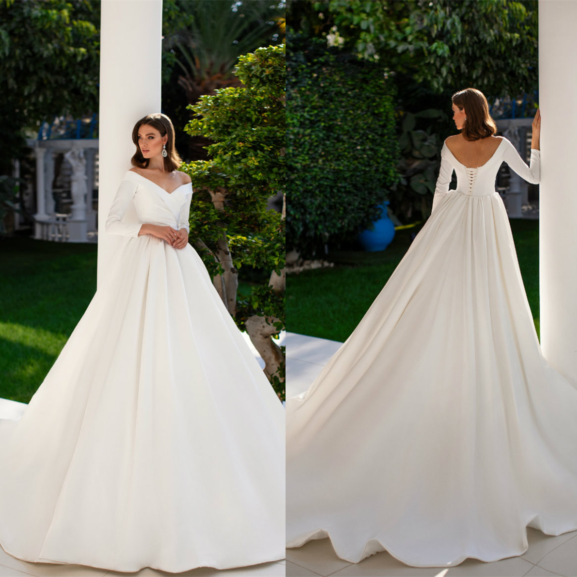 

2020 Wedding Dresses Off Shoulder Long Sleeve Lace Appliques Bridal Gowns Lace-up Back Sweep Train A Line Wedding Dress Robe De Mariee, White