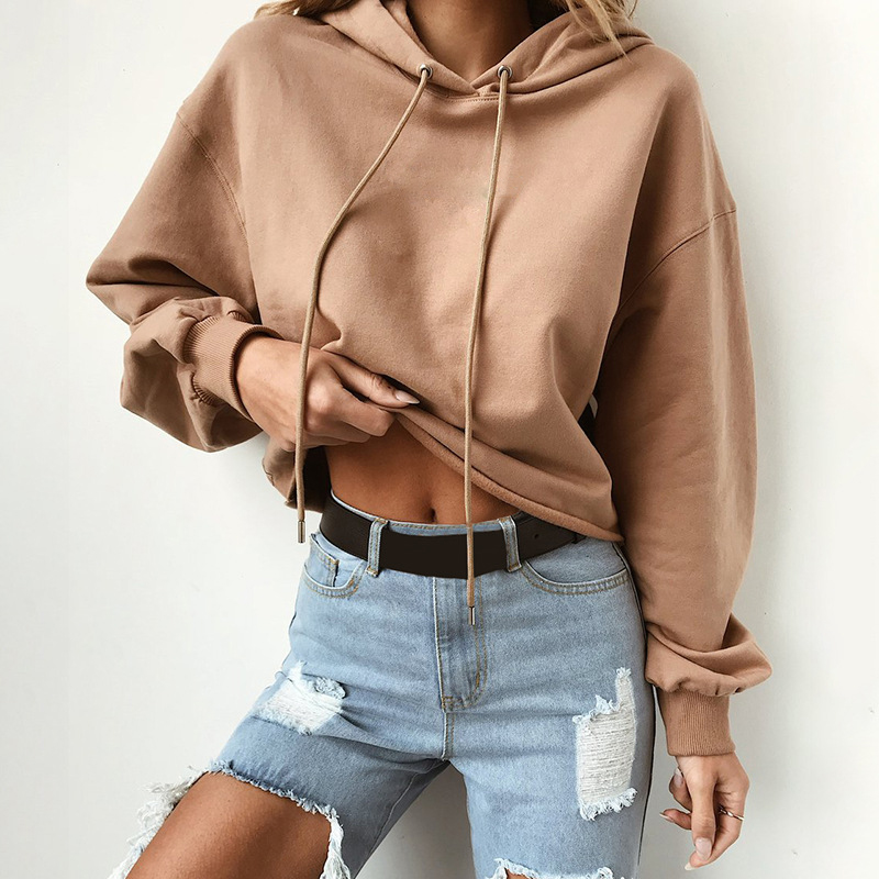 

2020 Fashion Female Short Sweatshirt Hoodies Autumn Thin Women' Hoodie Blouse Solid Long Sleeve Casual Hooded Streetwear, Wine red 1