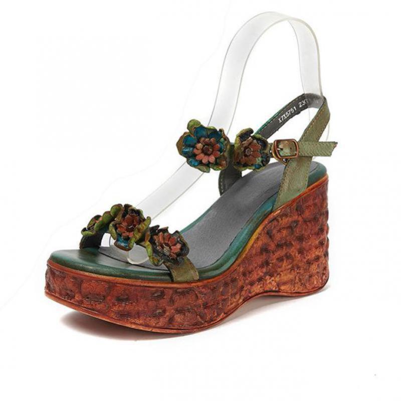 

YourSeason Genuine Leather Retro High Heels Women Buckle Strap Shoes 2020 Autumn Summer Ladies Wedges Platform Sandals, Green