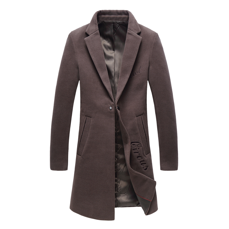 

Autumn and winter thick men' windbreaker, slim solid color business casual jacket, British long Korean embroidery woolen coat, Black