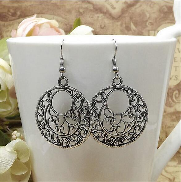 Vintage bohème boho Sculpté Fleur Rétro Argent Larme Dangle Femmes Boucles D/'oreilles