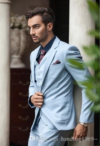 Slim Fits One Button Light Blue Groom Tuxedos Notch Lapel Mens Coat Blazer Wedding Clothing Suits (Jacket+Pants+Vest+Tie) D:192