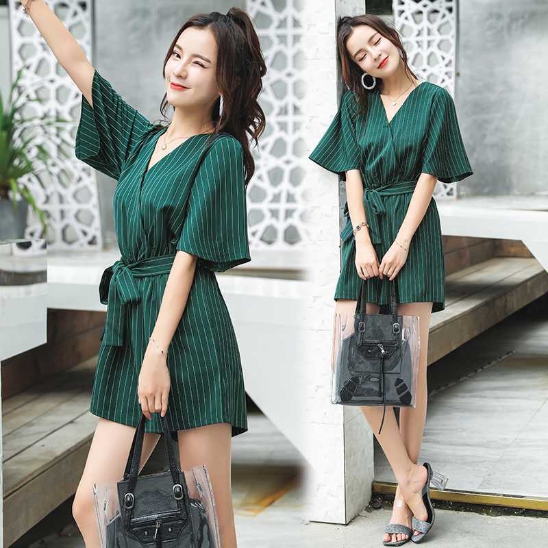 

New Arrival 2020 Fashion Women' V-Neck Short Sleeve Strappy Holiday Short Playsuits Striped Cami Belt Romper Jumpsuit Hot Sale, Blue