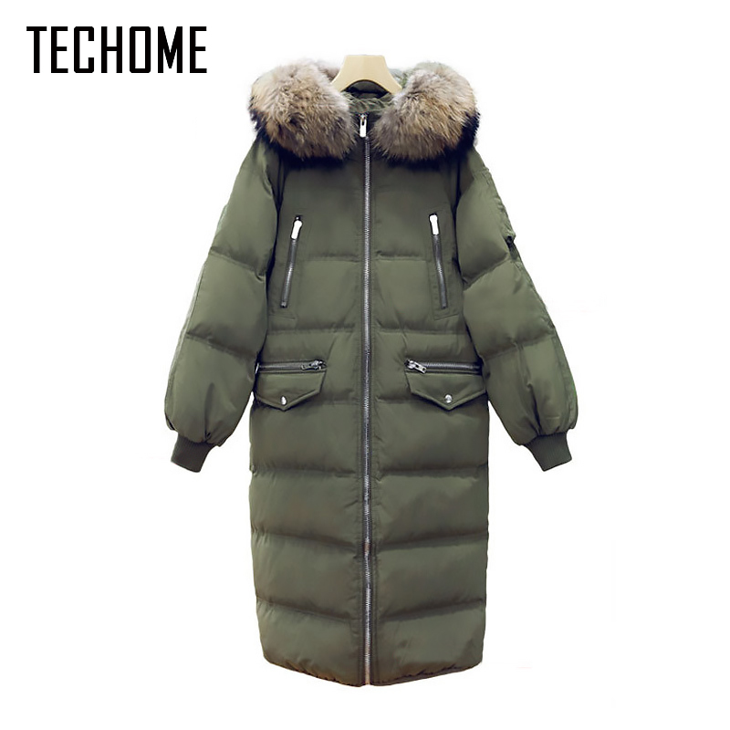 

New Fashion Winter Coat Women Down Jacket Hooded Fur Collar Loose Women Parkas Zipper Ladies Outwear Parkas Long Down Jacket, Green