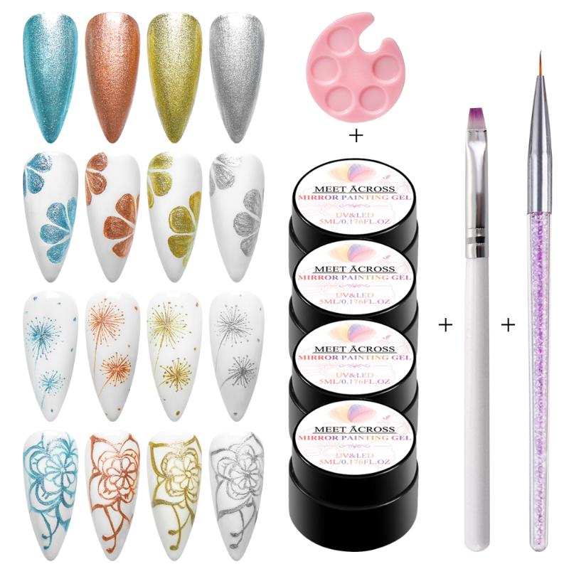 

MEET ACROSS Metallic Color Painting Nail Gel Set with Painting Nail Brush Soak Off UV Gel Semi Permanent Varnish Lacquer