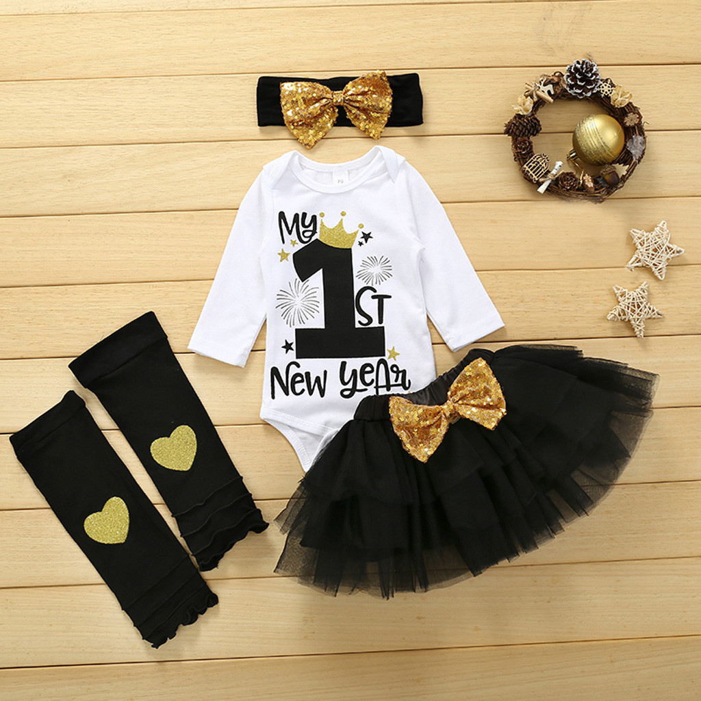 

Fashion toddler baby girl long sleeve cotton jumpsuit one year old first new year birthday stockings set baby black tutu suit, White