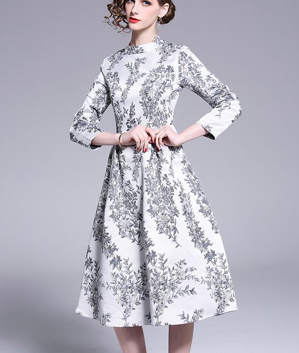 

2019 white summer A-Line Leaves printed dress Street Style Dresses stand collar knee-Length 3/4 sleeve, Multi